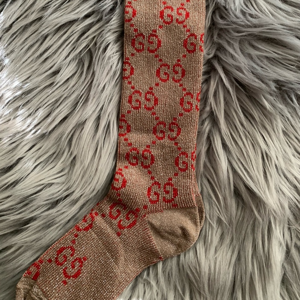 GG Lamé beige tan & red shimmering long socks